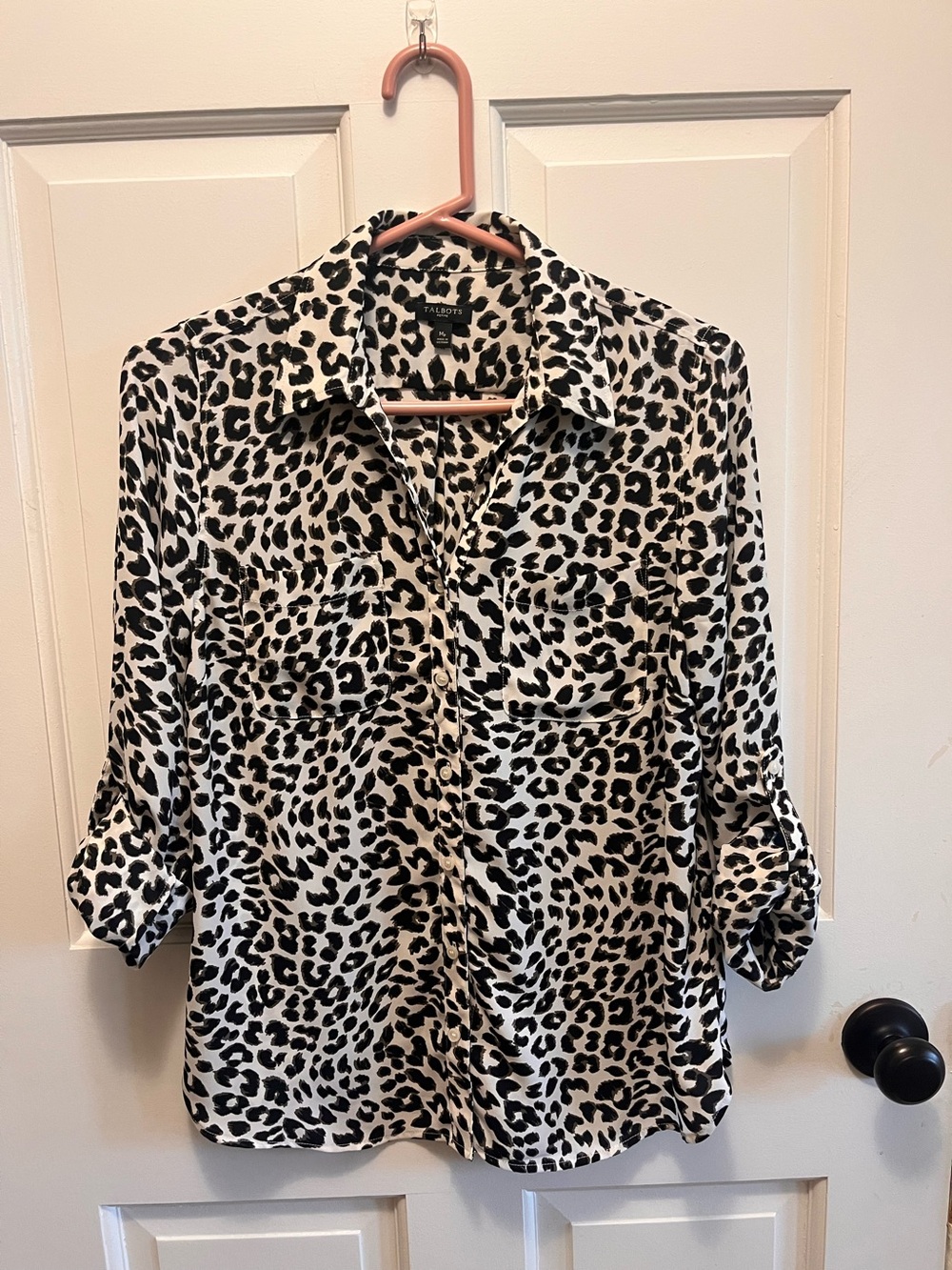 Talbots Black and White Leopard Print Button-Down Blouse